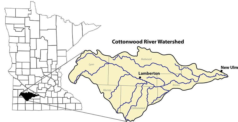 Map of Minnesota counties showing the Cottonwood River Watershed